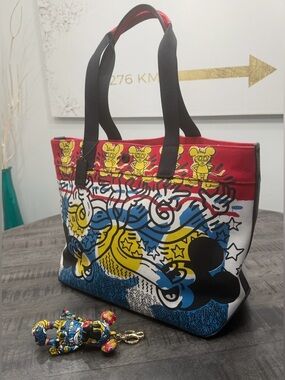 Set (x2): Canvas Tote Bag with Multicolor Graphic Print / Mickey Mouse Keychain